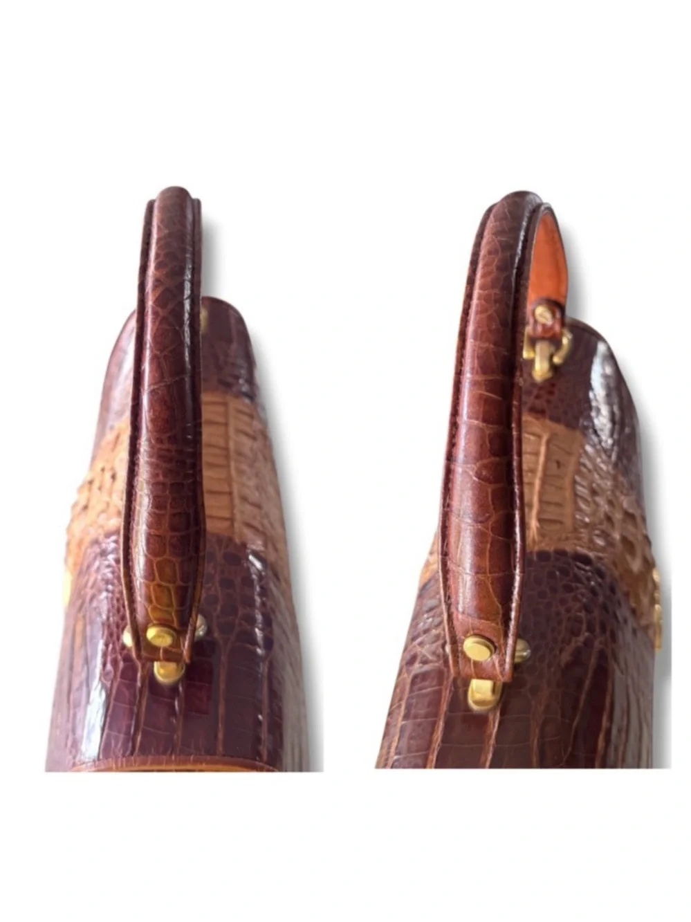 Vintage Genuine Crocodile Two-Tone Brown Top Handle Satchel Gold-Tone Hardware